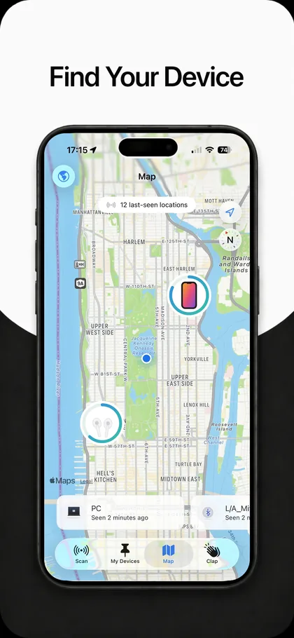 Bluetooth Finder screen listing nearby devices with battery levels while scanning