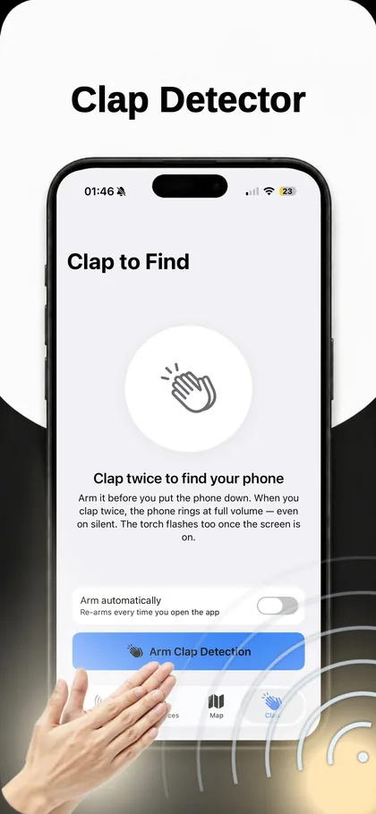 Clap to Find screen with an Arm Clap Detection button and an Arm automatically toggle