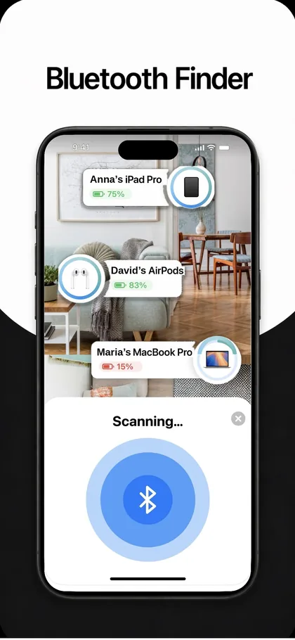 Map screen showing 12 last-seen locations with an iPhone and AirPods pinned
